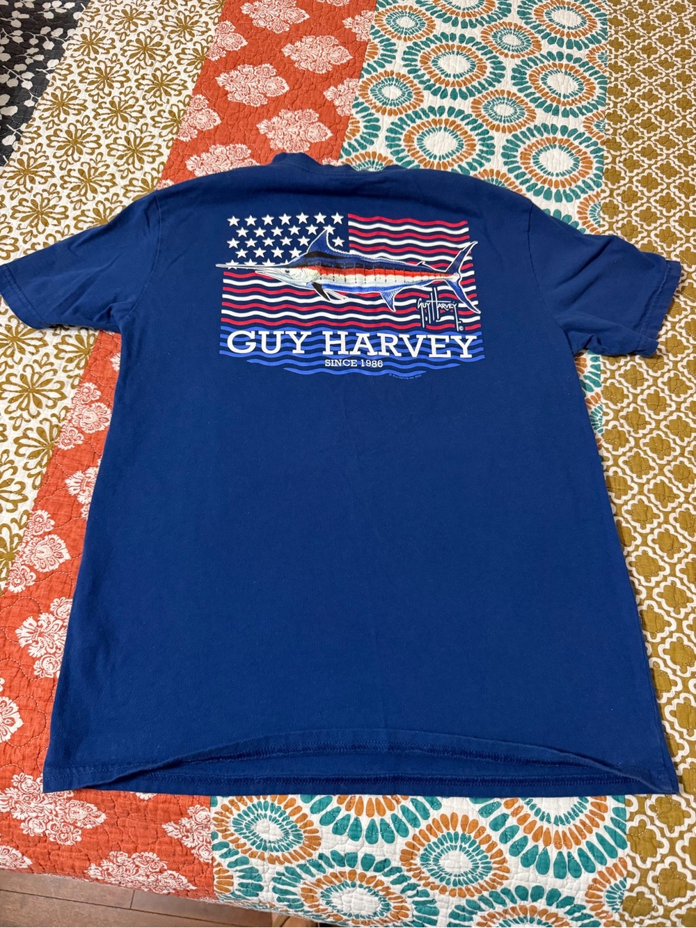Guy Harvey Blue Short-Sleeve Tee with Marlin and Flag Graphic